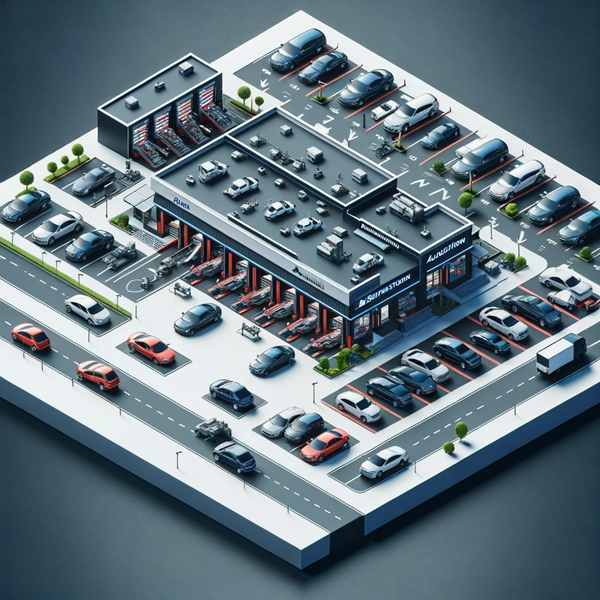 Aerial view of an auto repair shop complex with multiple service bays and a parking lot filled with cars.