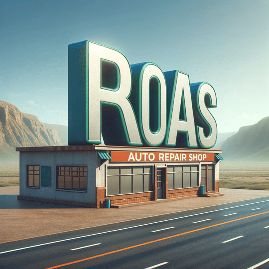 An image showcasing the acronym 'ROAS' prominently displayed above a typical auto repair shop. The shop is situated on the side of an empty road.