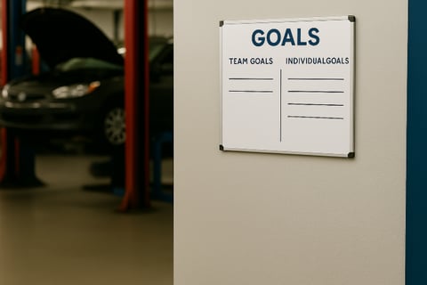 autoshop growth goals board on a shop wall