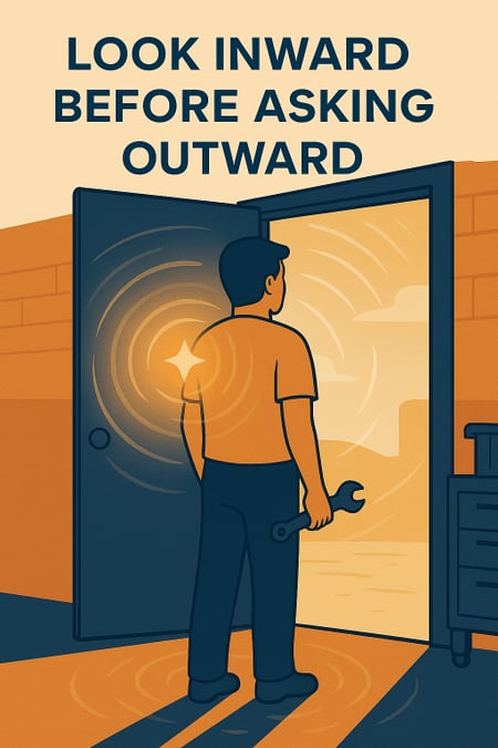 man looking through an open door in reflection (Medium)