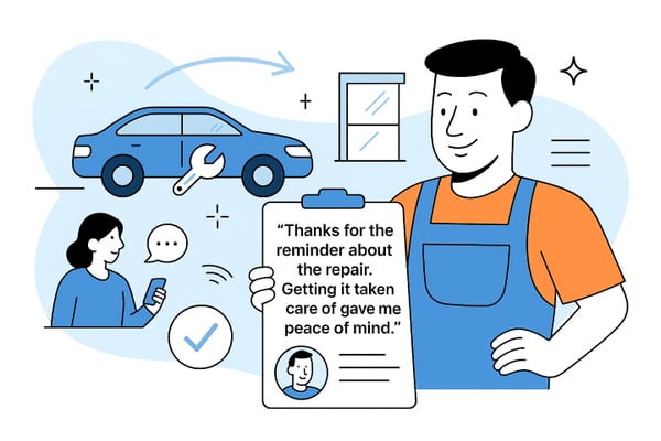 technician looking at a customer review