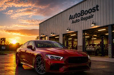 red car in front of an auto repair shop (Medium)