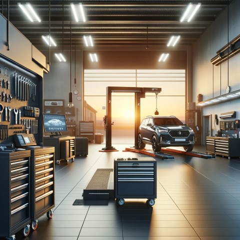 A sleek, modern auto repair shop with various tools and equipment visible. The scene is set in the early morning, with the sun rising in the background