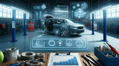 image of a car in an auto repair shop with digital marketing elements (Small)