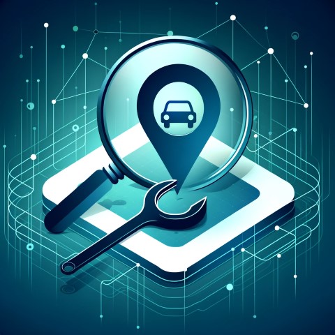 representation of online search for a local auto repair shop, featuring a magnifying glass hovering over a simplified, stylized map with a (Small)