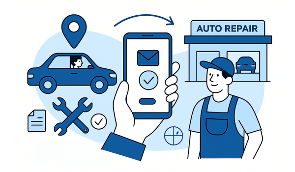 illustration of a connected car service experience showing a car, a mechanic, and a smartphone with telematics icons like location, messages, and checkmarks, linked to an auto repair shop in the background.