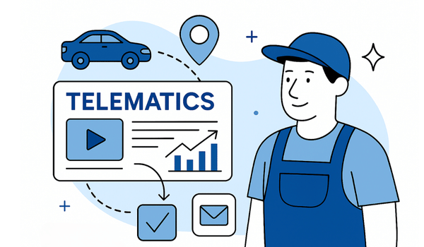 illustration of a mechanic in blue overalls standing beside a telematics dashboard with a car, GPS pin, graphs, and icons for checkmarks and email, symbolizing the connection between telematics and inbound marketing for auto repair shops.