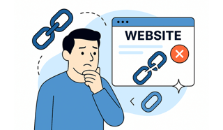 illustration of a concerned man looking at a computer screen showing a website with broken chain links and a red X icon, symbolizing the issue of negative backlinks.
