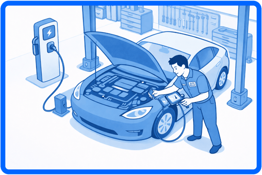 Technician services electric vehicle in shop, using diagnostic tool while car charges at EV station