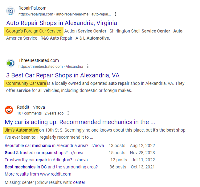 Examples of local listing and social forum sites featuring an auto shop in the SERP