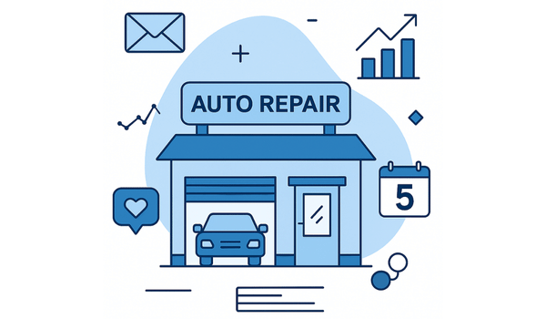 illustration of an auto repair shop building with a car inside the service bay, surrounded by icons for email, analytics, social media, and a calendar with the number 5, symbolizing the future of auto repair shop marketing in five years.