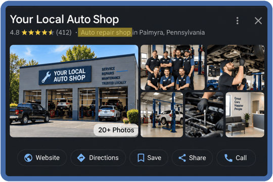 A Google Business Profile header with highlighted Auto Repair Shop category
