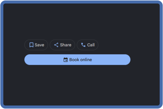 Google Business Profile action buttons for saving, sharing, calling, and booking an appointment online.