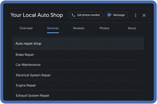 Google Business Profile services tab listing auto repair services offered by the shop.