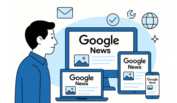 illustration of a man in a blue shirt looking at multiple device screens—desktop, laptop, tablet, and mobile—all displaying Google News, with surrounding icons like email, globe, wrench, and checkmark, symbolizing Google updates for auto repair shop websites.