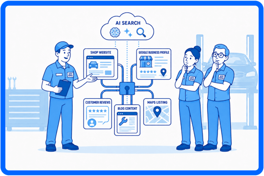 Auto repair technician explaining how AI search connects a shop website, Google Business Profile, reviews, blog content, and maps listings while two coworkers watch thoughtfully in a blue vector-style repair shop illustration.