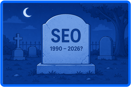Headstone reading “SEO 1990–2026?” in a dimly lit blue graveyard.