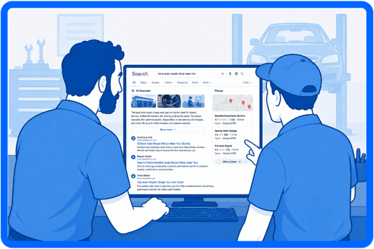 Two auto repair technicians looking at a widescreen monitor displaying an AI-powered search results page for nearby repair shops
