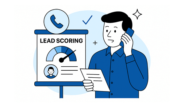 illustration of a man on the phone while reviewing a lead scoring chart with a gauge, checklist, and customer profile, symbolizing phone call tracking and scoring for auto repair shops.