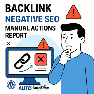 illustration of a worried man next to a computer screen showing a broken backlink and red X, with warning icons and bold text reading Backlink, Negative SEO, and Manual Actions Report.