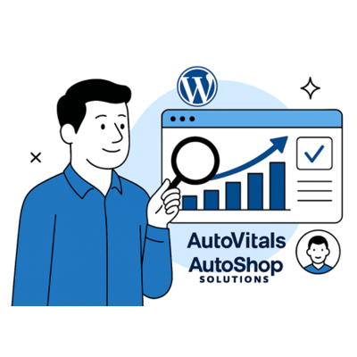 illustration of a man holding a magnifying glass in front of a website screen with a rising bar chart and checkmark, surrounded by the WordPress, AutoVitals, and AutoShop Solutions logos, symbolizing website optimization for auto repair shops.