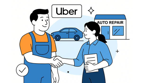 illustration of a mechanic shaking hands with a business professional in front of an auto repair shop, with the Uber logo and a car in the background, symbolizing partnership through Uber for Business.