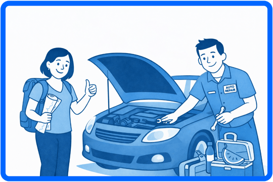 Customer gives thumbs up while mechanic works under open hood, preparing car for travel with tools and supplies nearby