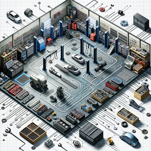 a modern auto repair shop from a top-down perspective, where the layout itself hints at a sophisticated marketing strategy and programmatic