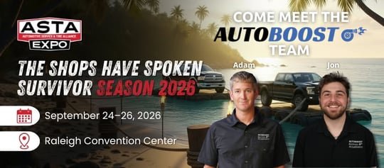 Promotional graphic for the 2026 ASTA Expo featuring “The Shops Have Spoken: Survivor Season 2026,” held September 24–26 at the Raleigh Convention Center, with AutoBoost team members Adam and Jon pictured in front of a tropical beach background.