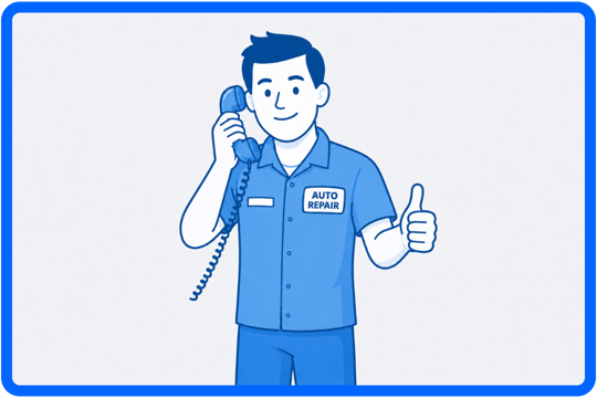Auto repair technician smiling while holding a phone receiver and giving a thumbs up in a blue vector illustration style.