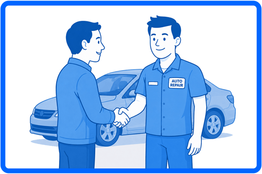 Auto repair technician shaking hands with a customer in front of a vehicle in a blue vector illustration style.