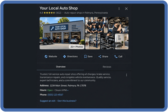 A Google Business Profile showing shop photos, reviews, contact details, hours, and action buttons