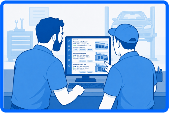 Two auto repair technicians stand at a service desk reviewing a computer monitor displaying local auto repair shop listings in a clean blue vector illustration style.