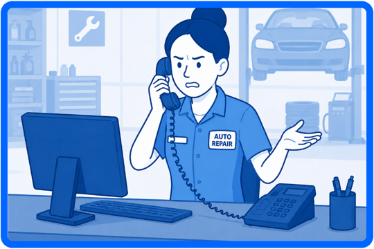 Frustrated auto repair service advisor talks on a corded desk phone at a service counter inside a stylized auto repair shop.